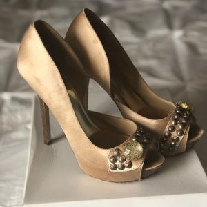 Gold studded silk pumps